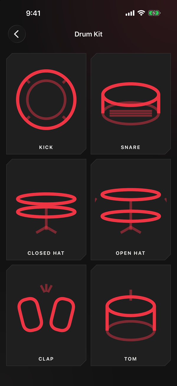 The Drum Kit screen with six drawn pads filling the screen: Kick, Snare, Closed Hat, Open Hat, Clap, and Tom, with the snare lit from a hit.