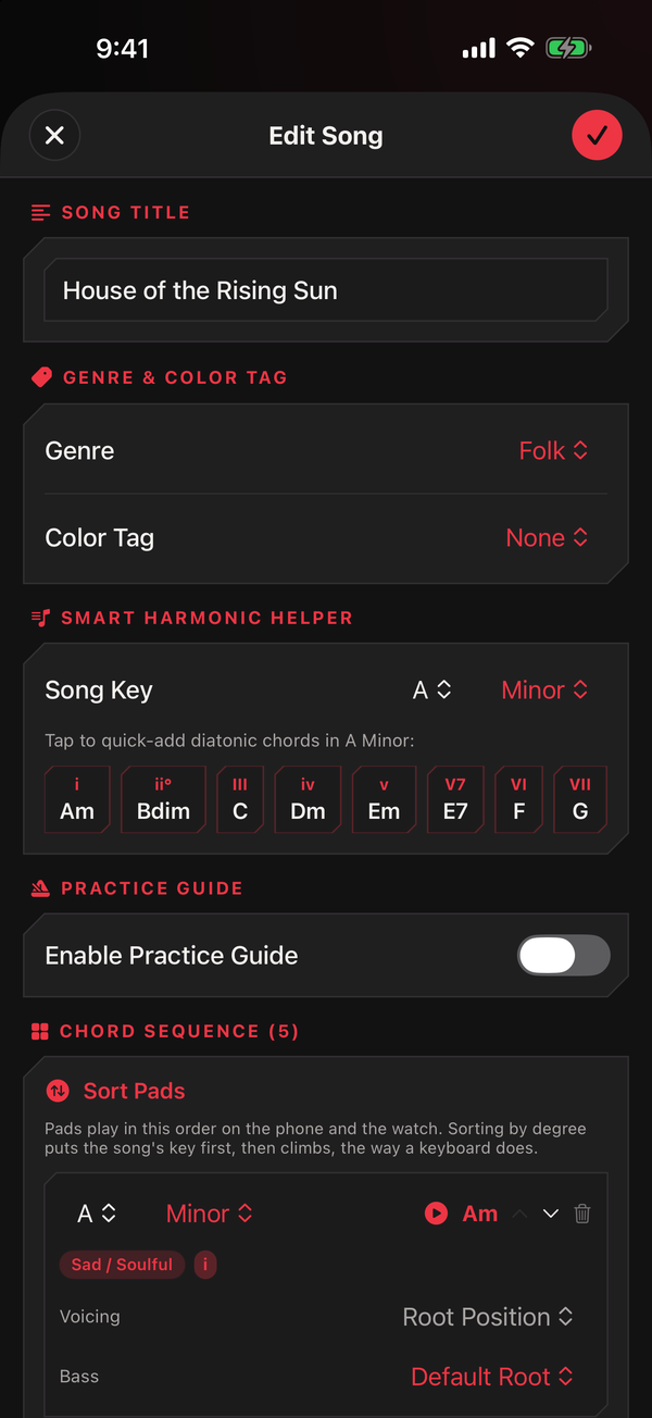 The song editor showing title and genre fields, the Smart Harmonic Helper offering the eight diatonic chords of A Minor labelled by degree, and the chord sequence below.