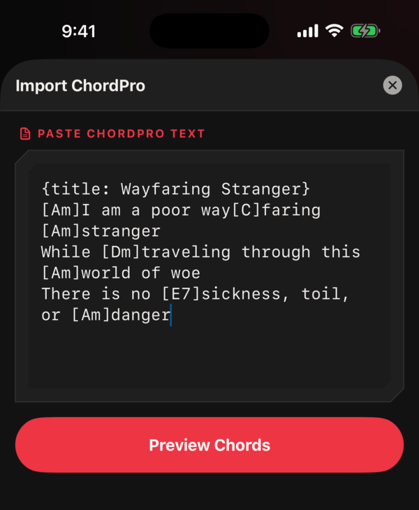 The Import ChordPro screen with a four-line chart pasted in and a Preview Chords button.