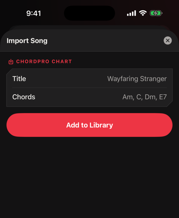 The import preview showing the title Wayfaring Stranger and the four chords Am, C, Dm, and E7 that were found.