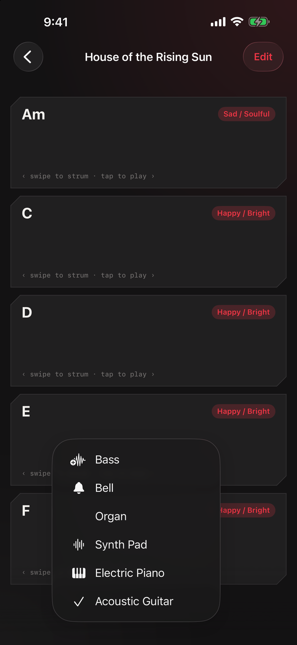 The instrument menu open over the chord pads, listing Bass, Bell, Organ, Synth Pad, Electric Piano, and Acoustic Guitar.