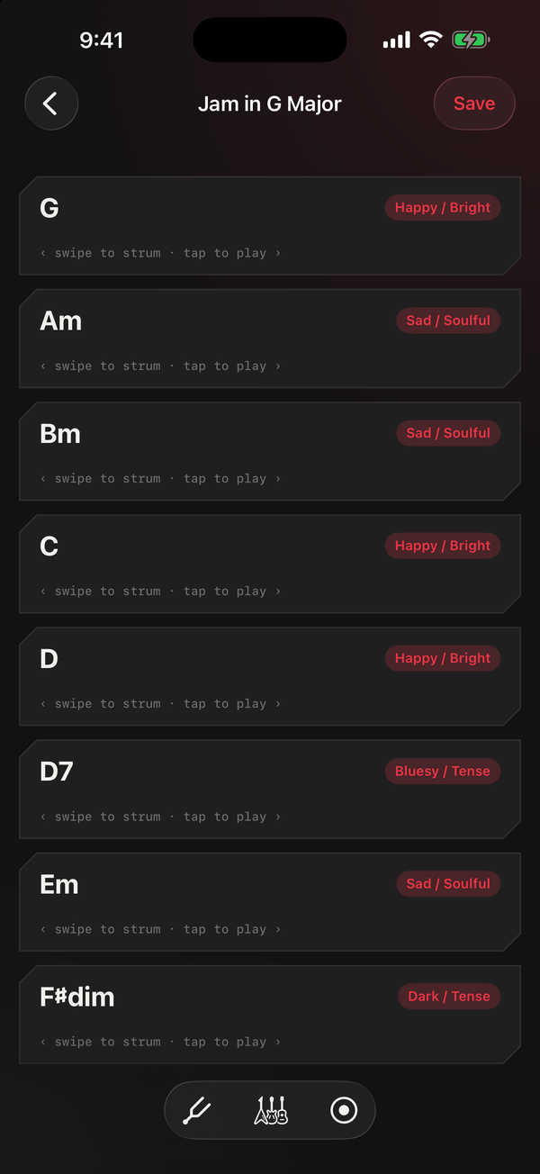 Playing in G Major, with the key's eight chords as full-width pads and a Save button in the header.