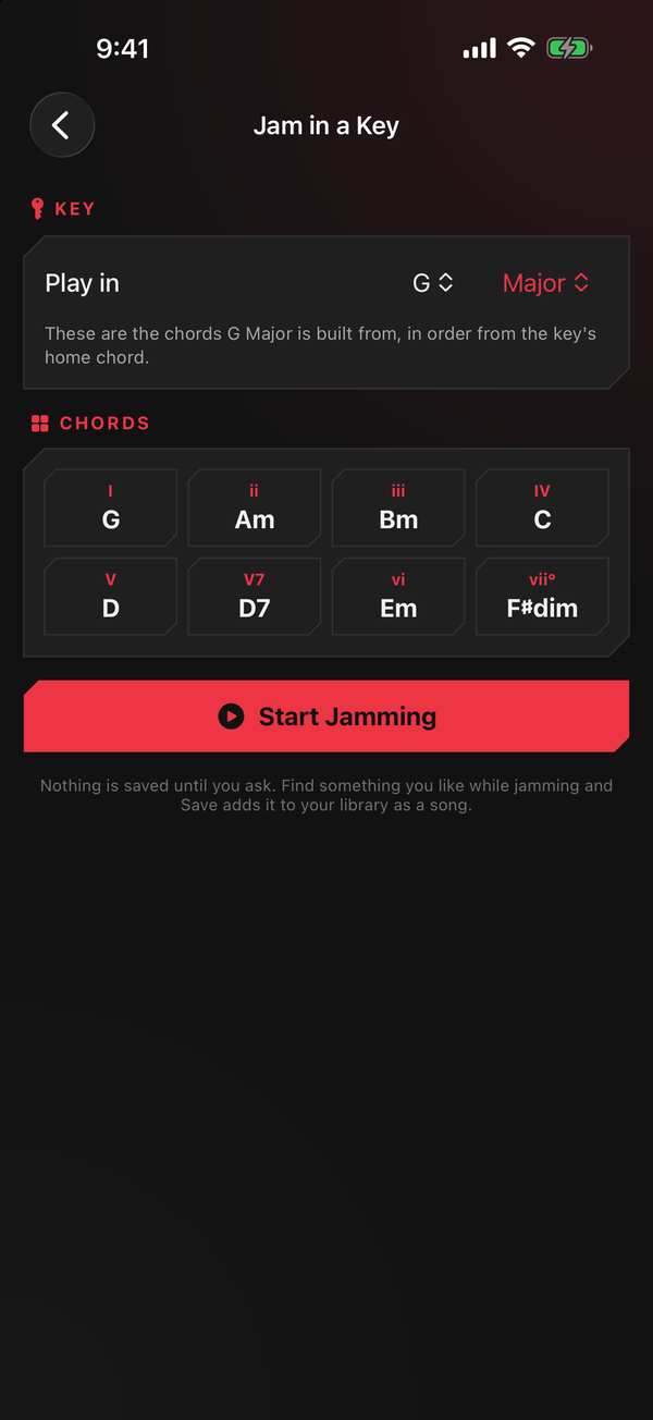 The Jam in a Key screen with G Major chosen, showing the eight chords of the key labelled by degree, above a Start Jamming button.