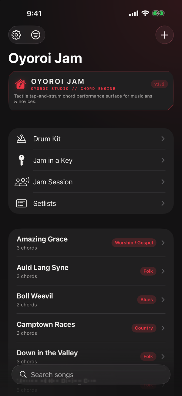 The Oyoroi Jam song library, listing songs with their chord counts and genre tags, above shortcuts to the Drum Kit, Jam in a Key, Jam Session, and Setlists.