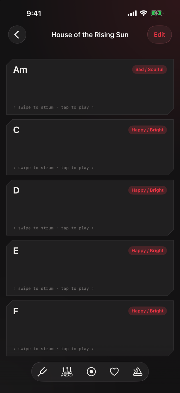 The chord player for House of the Rising Sun, showing five full-width chord pads labelled Am, C, D, F, and E.