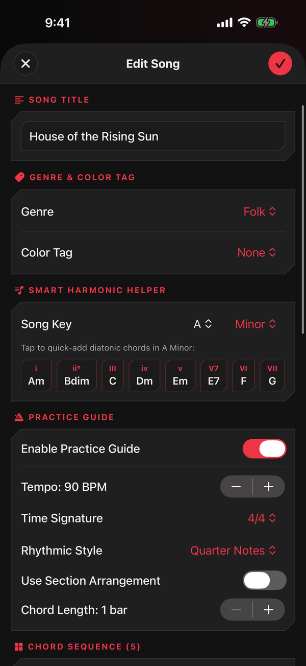 The song editor with the Practice Guide section enabled, showing Tempo 90 BPM, Time Signature 4/4, Rhythmic Style Quarter Notes, and Chord Length one bar.