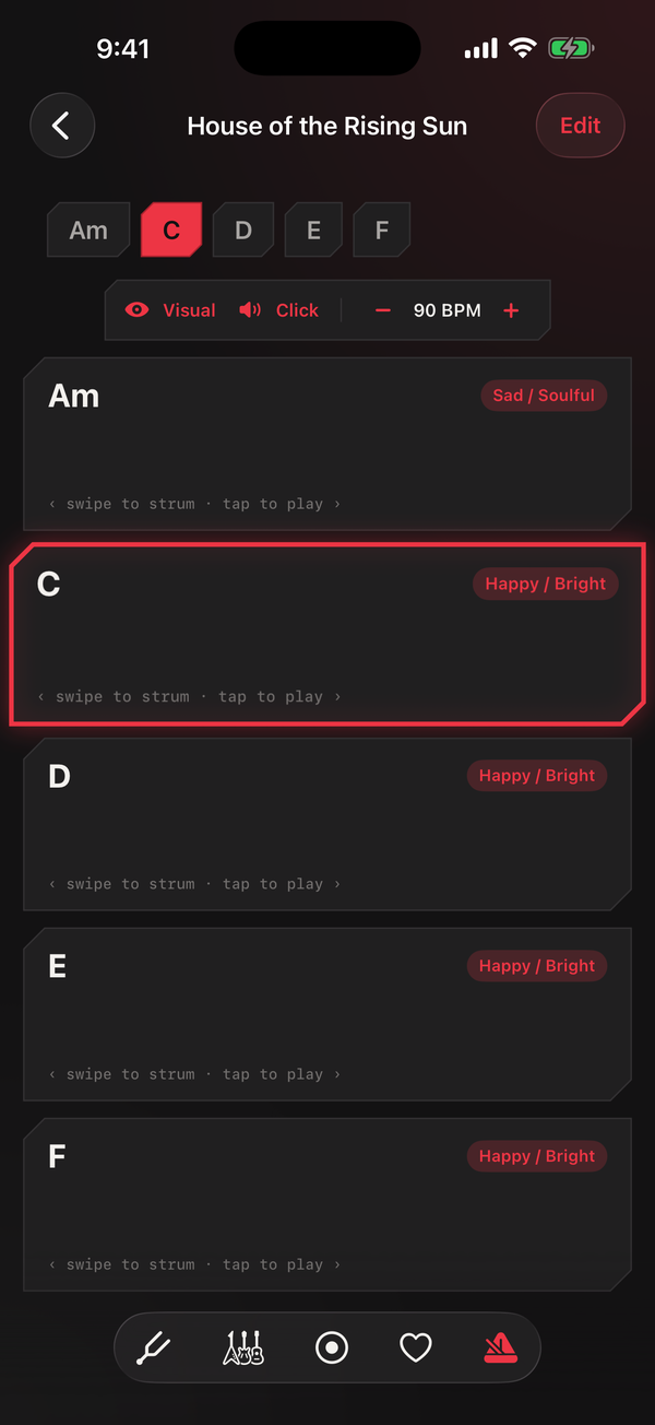 Practice Mode running, with a strip of upcoming chords along the top, a tempo readout of 90 BPM with minus and plus controls, and the current pad ringed in red.
