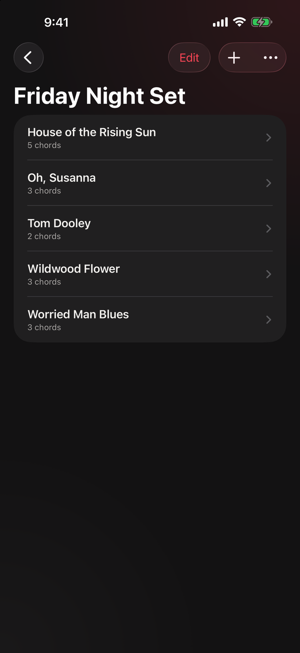 A setlist named Friday Night Set containing five songs in a chosen order.