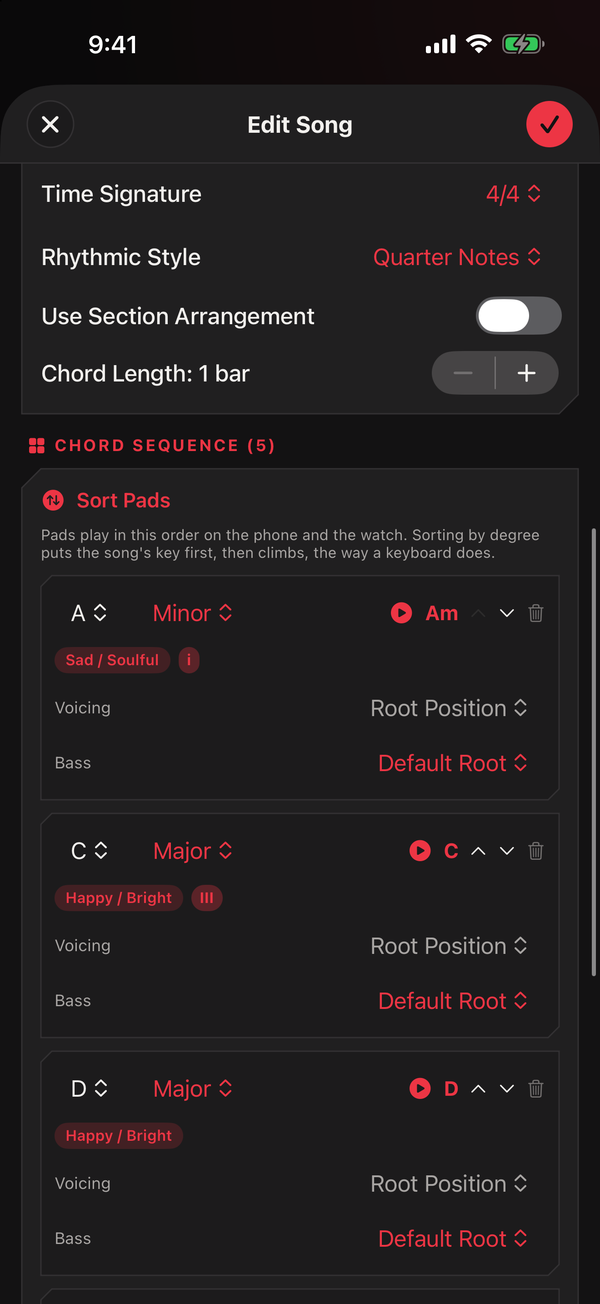 The chord sequence section of the editor, with a Sort Pads control above chord rows showing their voicing and bass settings.