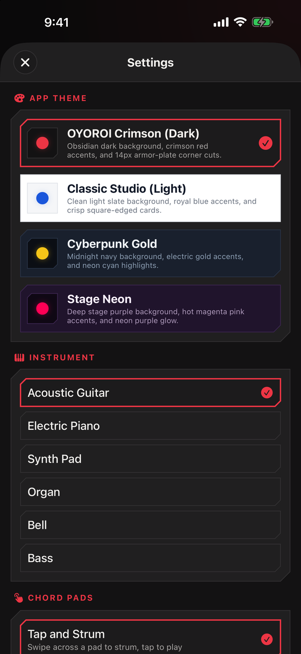 The Settings screen showing the four app themes and the instrument list.