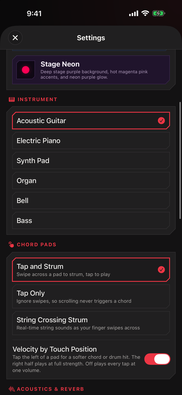 The Chord Pads section of Settings, offering Tap and Strum, Tap Only, or String Crossing Strum, with a Velocity by Touch Position switch below.