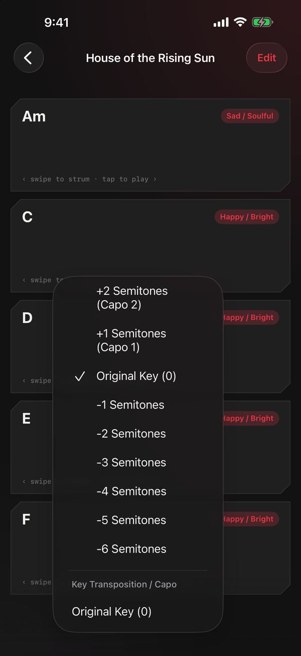 The Key Transposition and Capo menu listing shifts from minus six to plus six semitones.