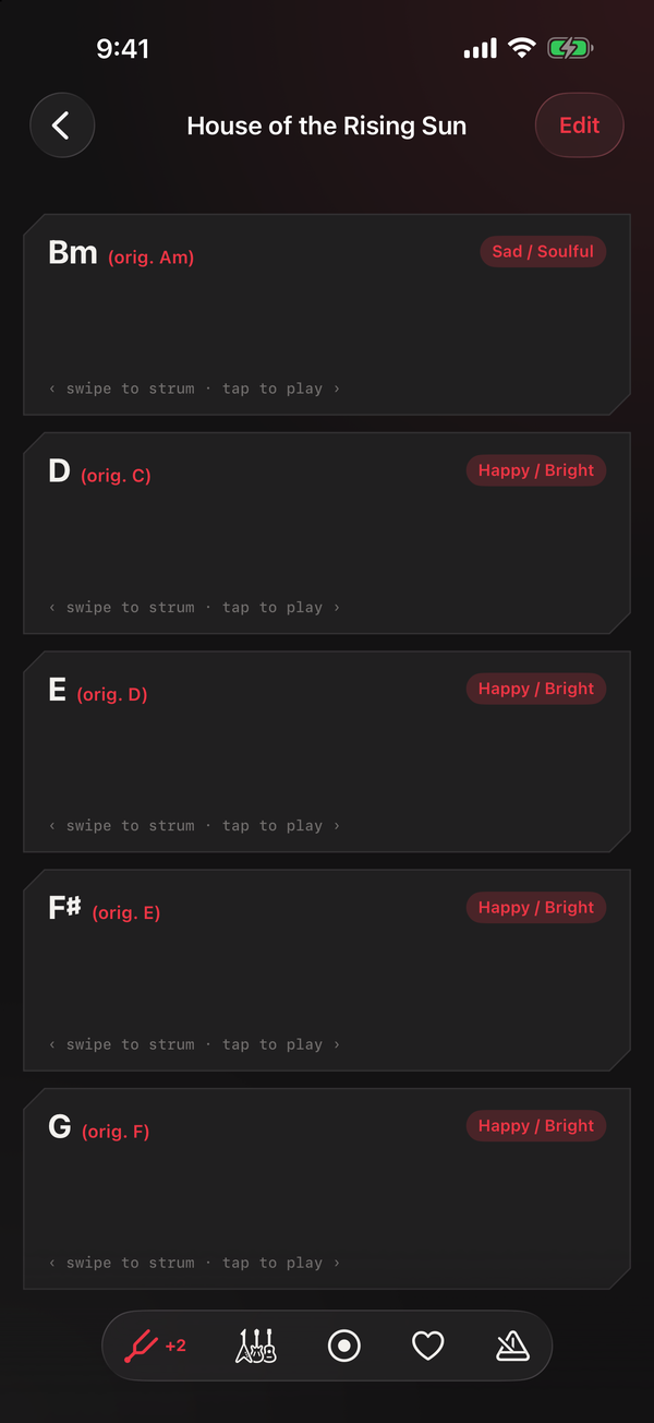 The same five pads at Capo 2, now reading Bm, D, E, G, and F sharp, each showing its original chord in smaller text.