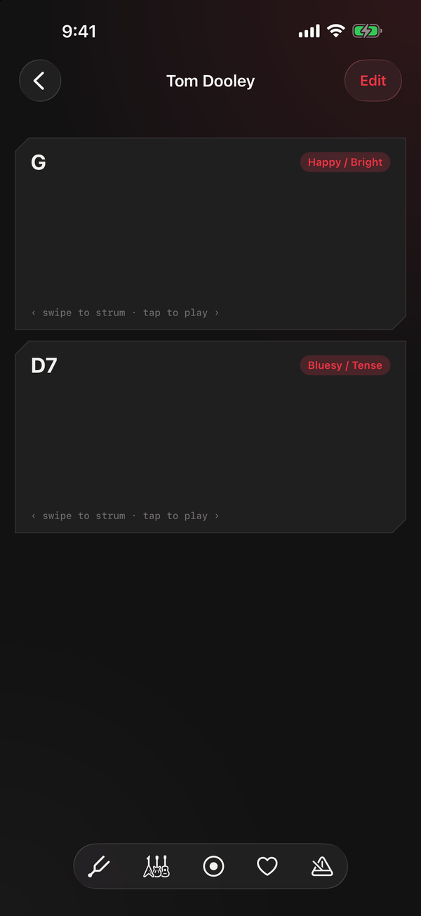 Tom Dooley open in Oyoroi Jam, showing two chord pads labelled G and D7.