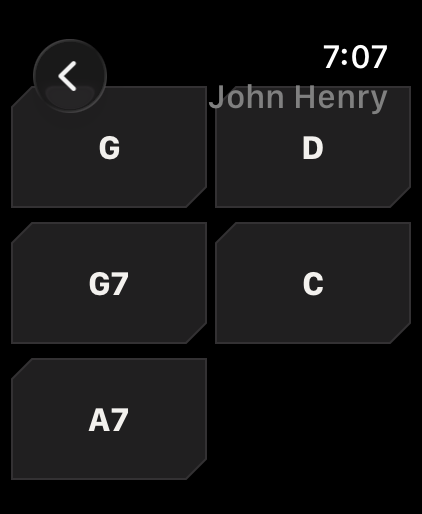 Chord pads for John Henry on an Apple Watch, showing G, D, G7, C, and A7.