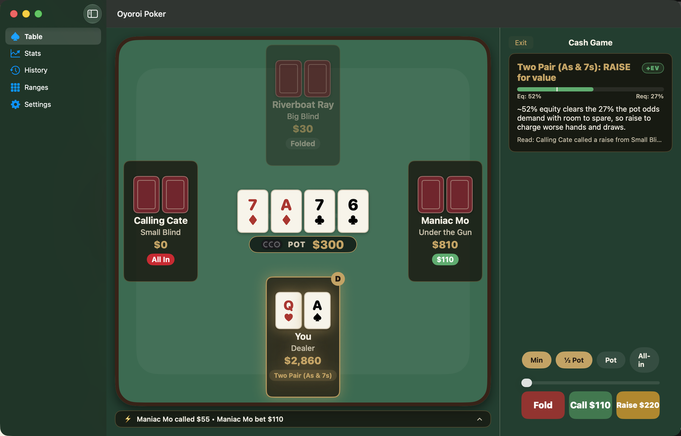 A flop decision with the guide showing the recommended raise, the equity behind it, and what the opponent's raise represents.