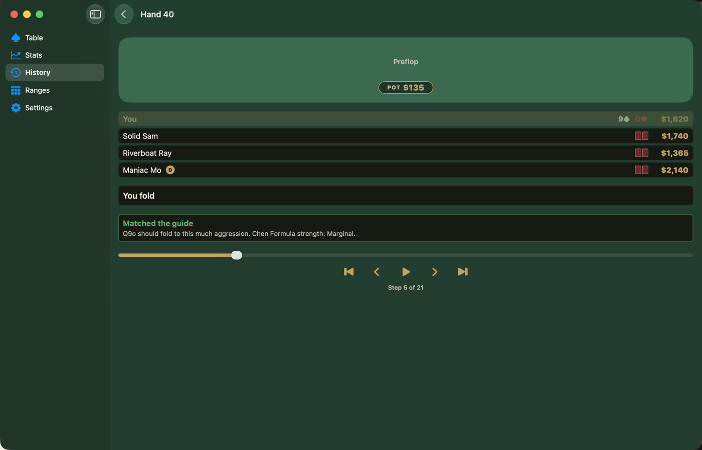 A recorded hand being replayed action by action with the grade for the decision shown.